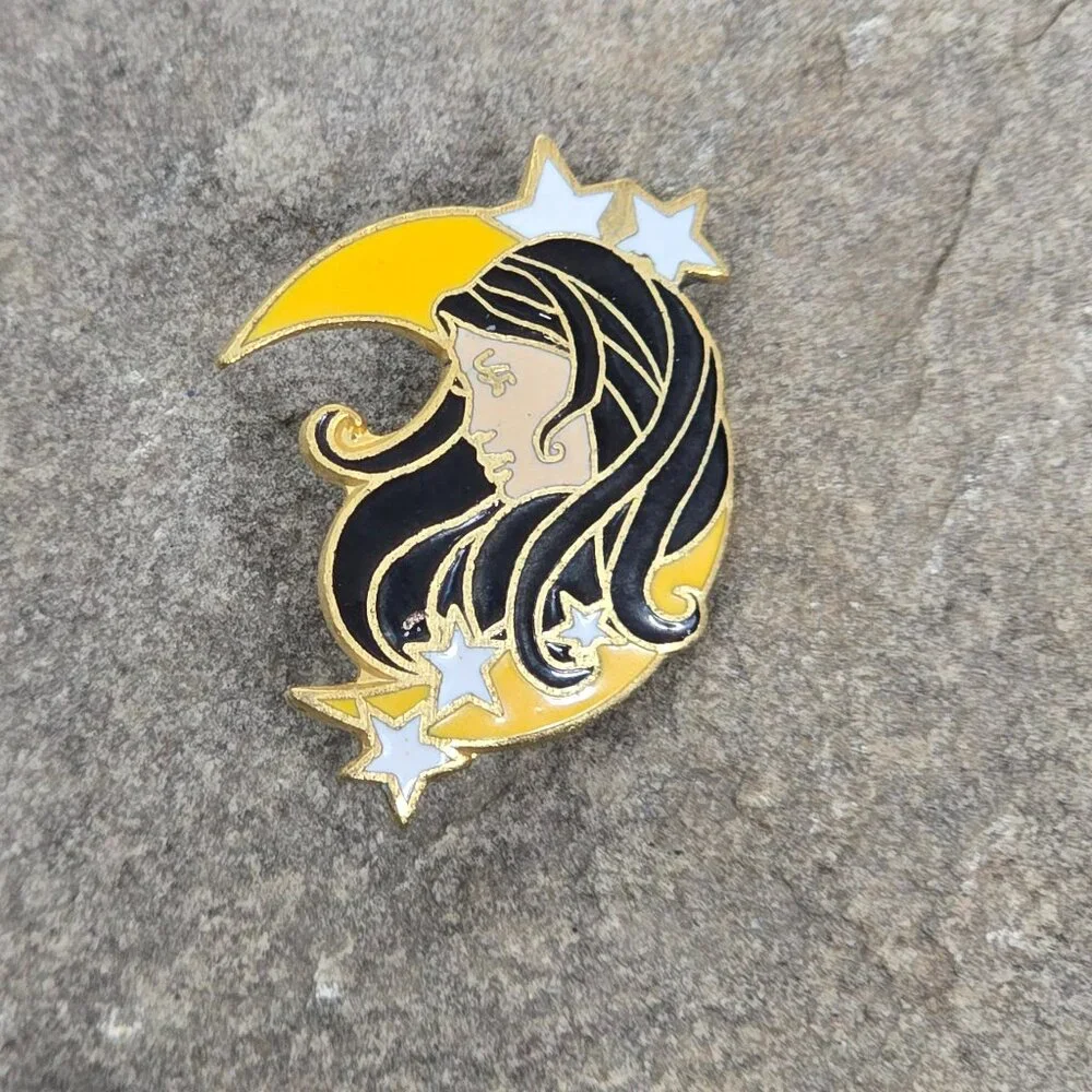 Lady in the Crescent Moon Stars Sky Magical Mystical Woman Enamel Lapel Hat Pin